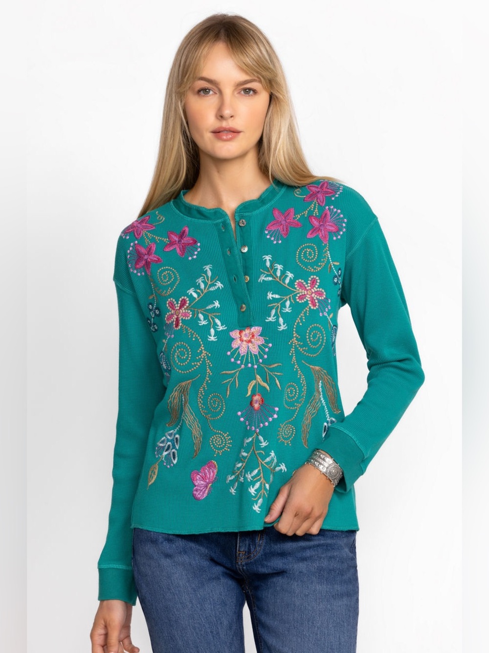 Johnny Was Sisa Embroidered Waffle Knit Thermal Henley in Quetzal Green Size M - Picture 3 of 11